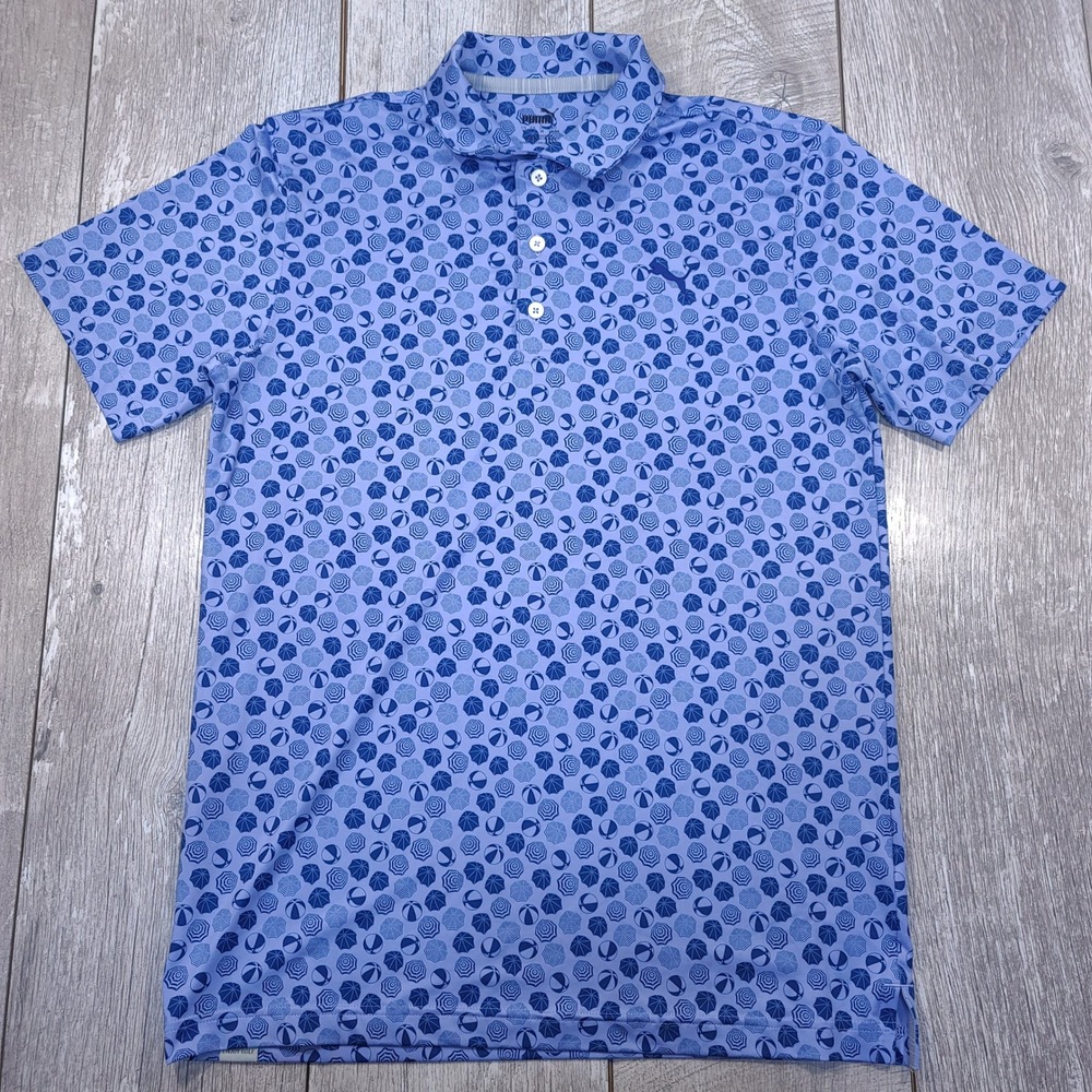 Puma Golf Polo Shirt Mens Small Blue Beach Umbrella Ball Print Performance S